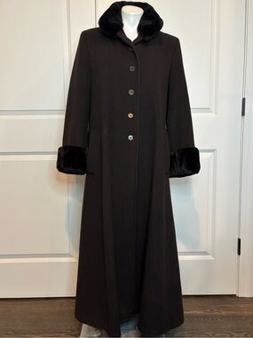 S Searle Vintage Chocolate Brown Wool Angora Fur Trim Long Dress Coat 6